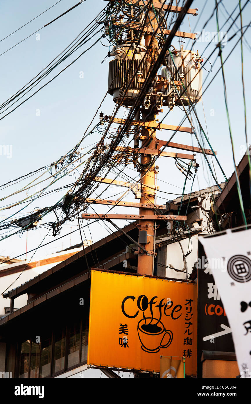 Signs For Coffee And Electrical Wires In Teapot Lane; Kyoto, Japan