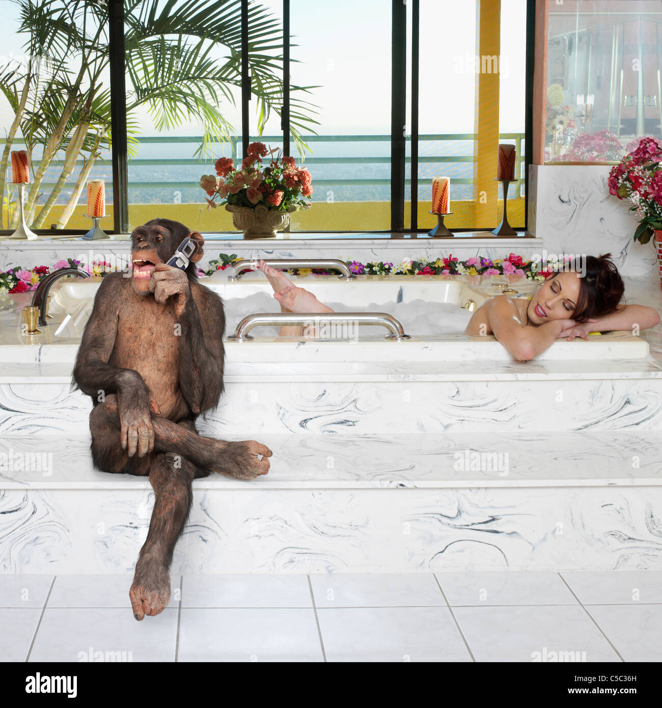Monkey talking on cell phone while woman takes a bath Stock Photo