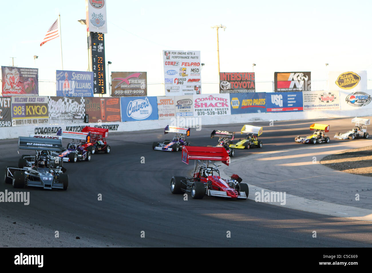 Denver, Colorado A group of ERA supermodified race cars round turn