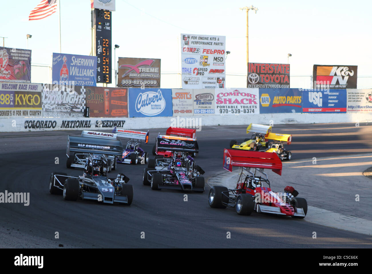 Denver, Colorado A group of ERA supermodified race cars round turn