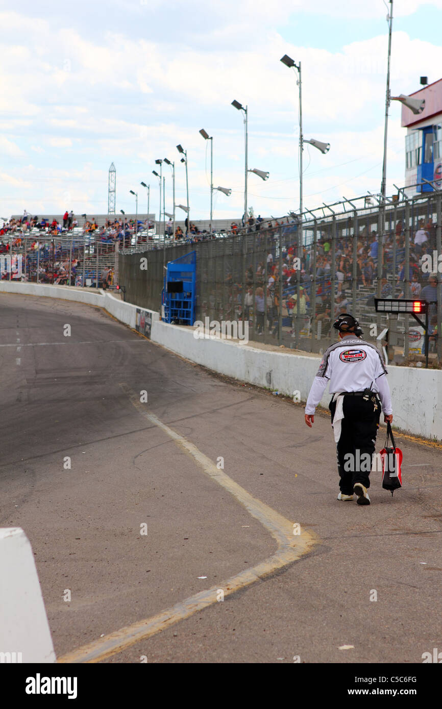 Denver, Colorado A race official walks to the start/finish line at