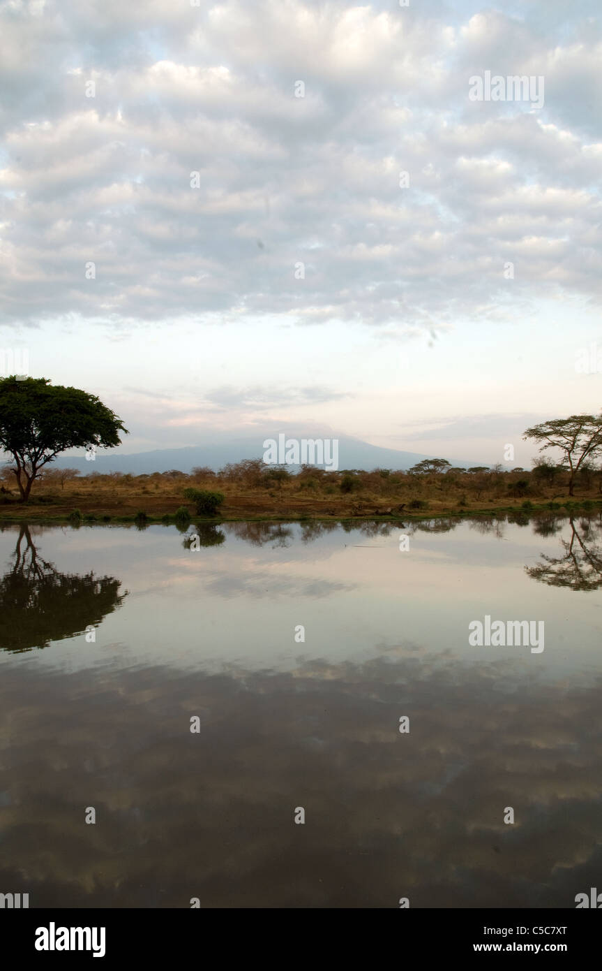 reflection of Mount Kilimanjaro in watering hole in Voyager Ziwani Camp Tsavo West, Kenya Stock Photo