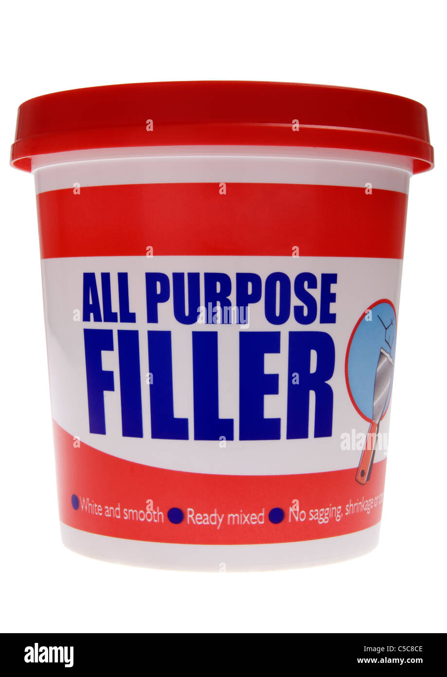 Tub of ready mixed all purpose filler on white background Stock Photo