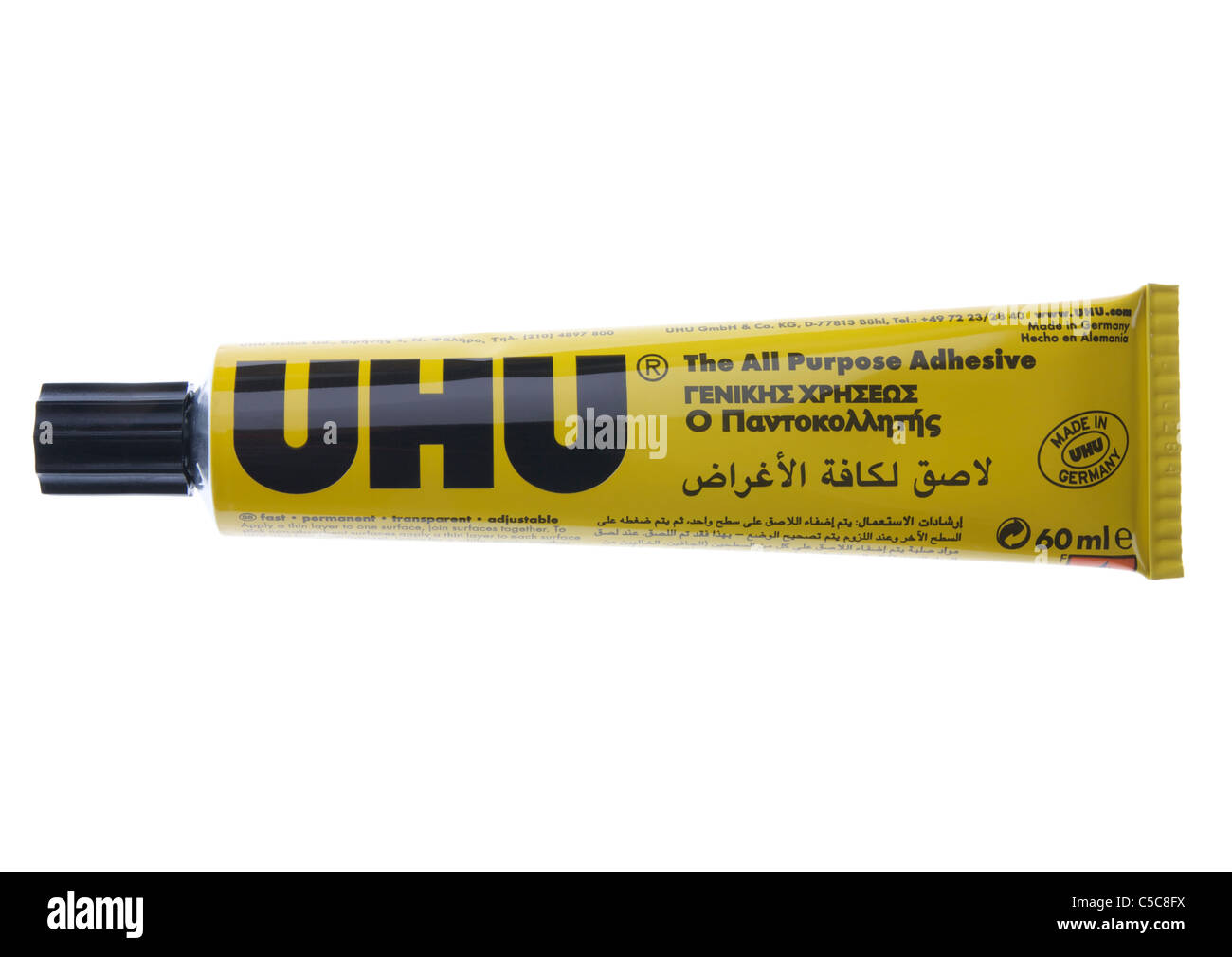 Tube of UHU glue on white background Stock Photo