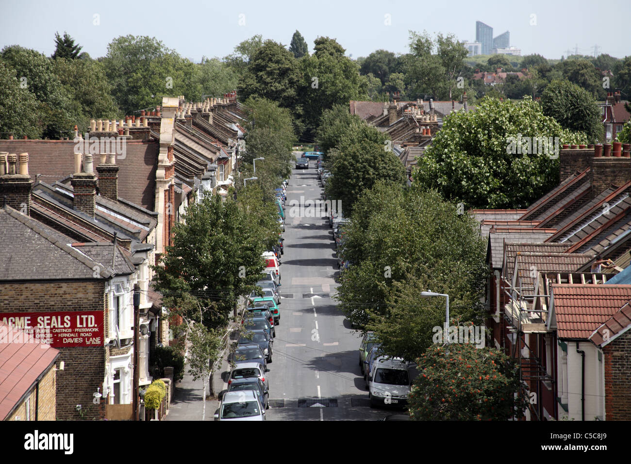 Tree-lined residential street, Leytonstone, North London Stock Photo