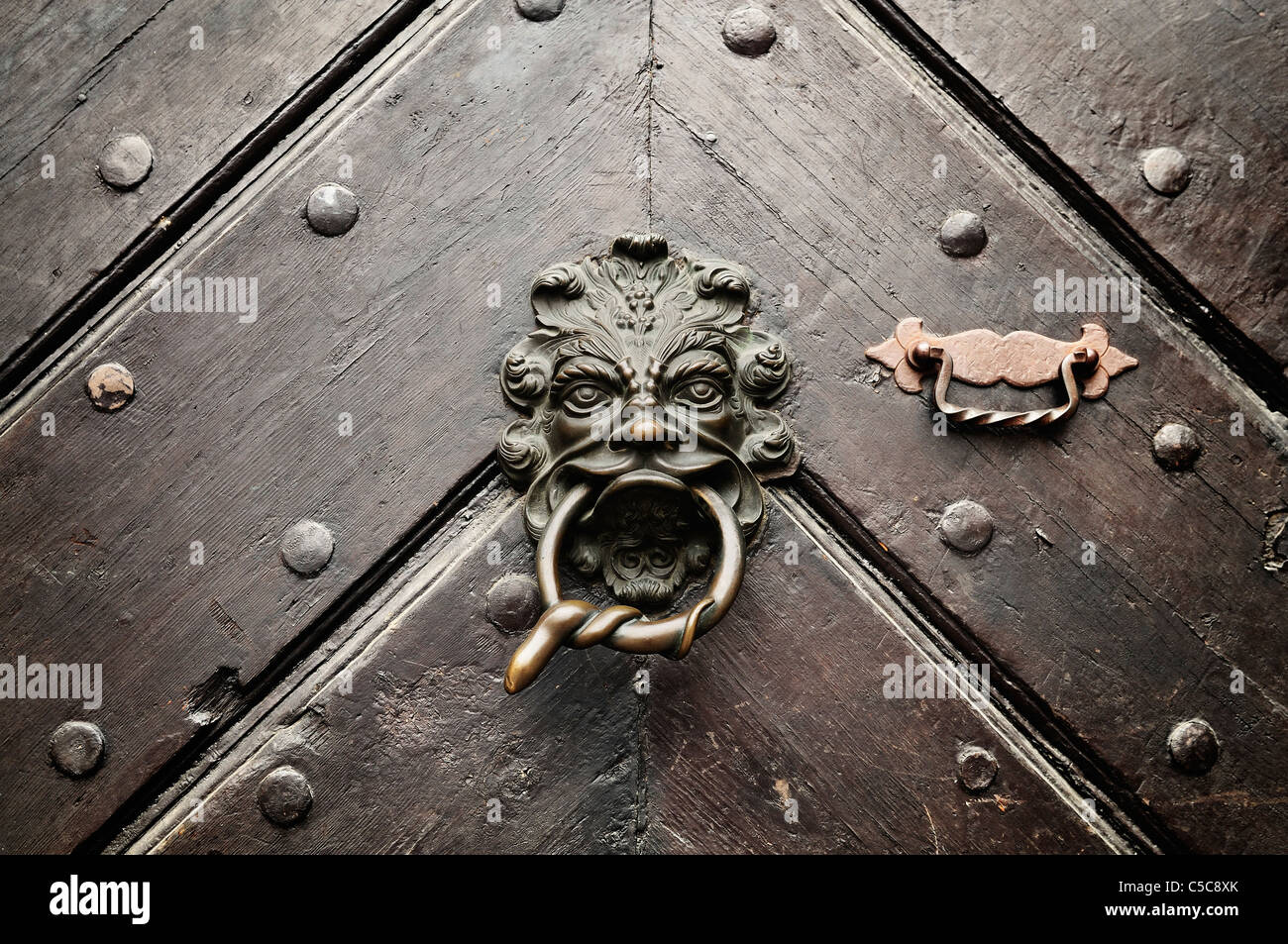 A lion door knocker with a snake encoiled ring in its mouth on an ancient door in Bamberg, Germany. Stock Photo