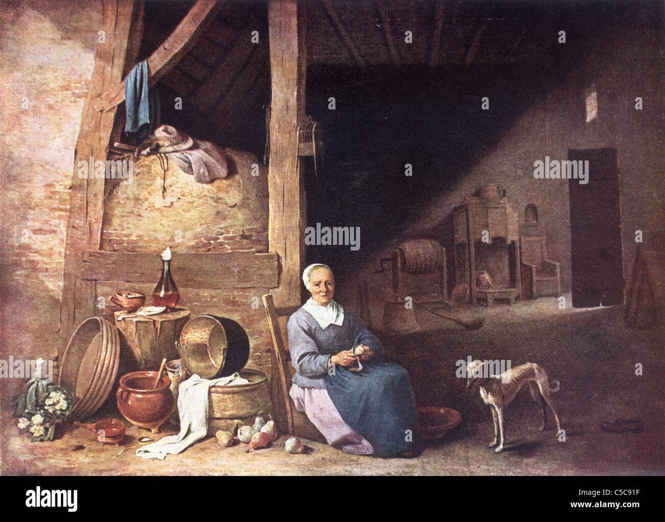 Painting by David Teniers the Younger, Late Flemish School; An Old Woman Peeling a Pear Stock Photo