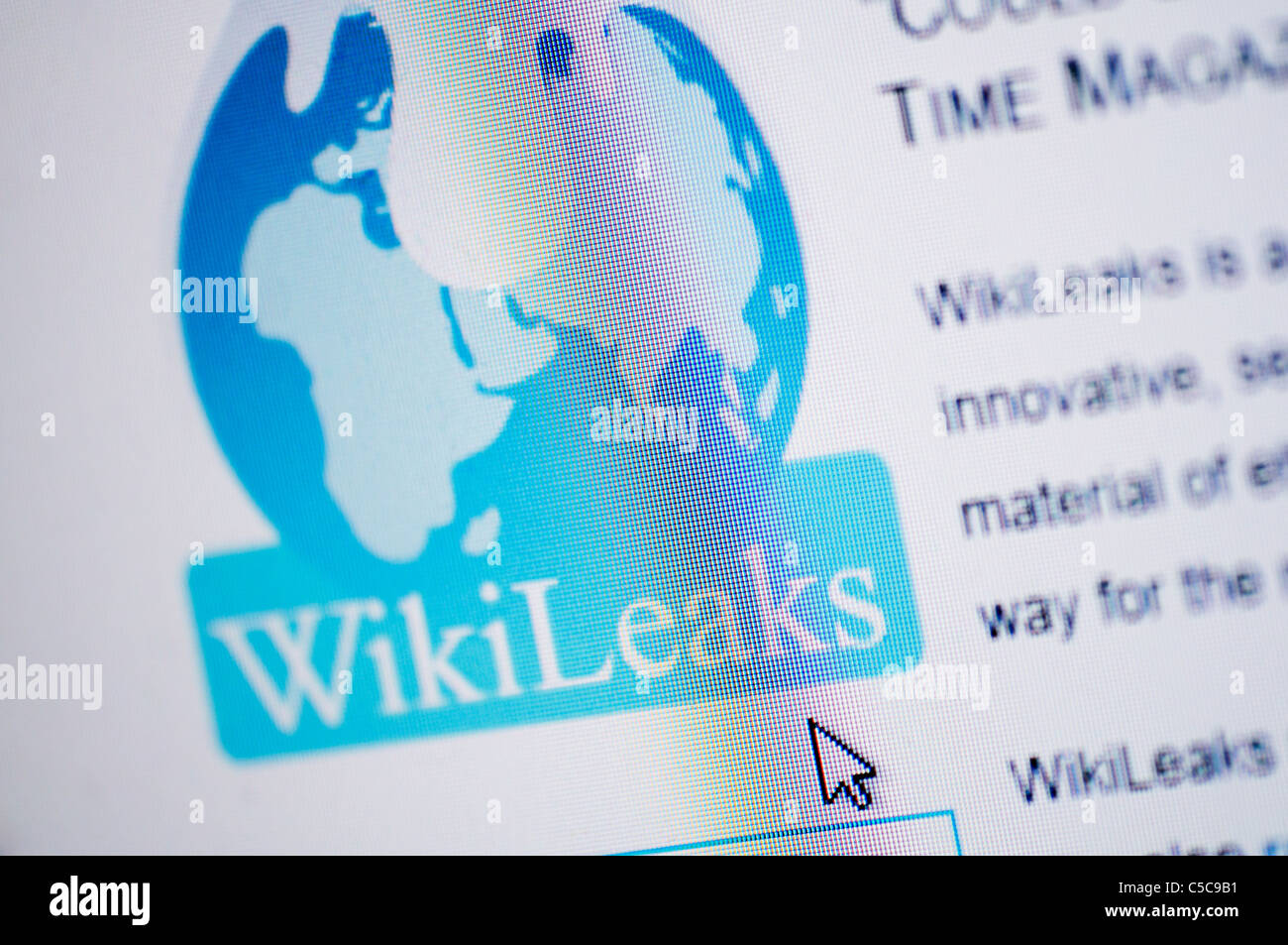 The Wikileaks website is displayed on a computer screen. Stock Photo