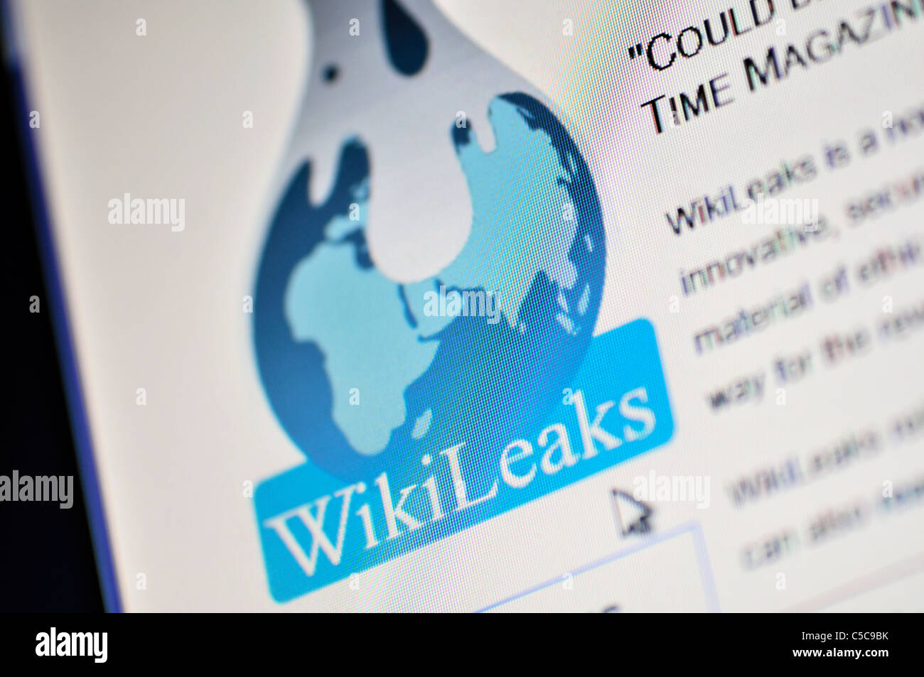 The Wikileaks website is displayed on a computer screen. Stock Photo