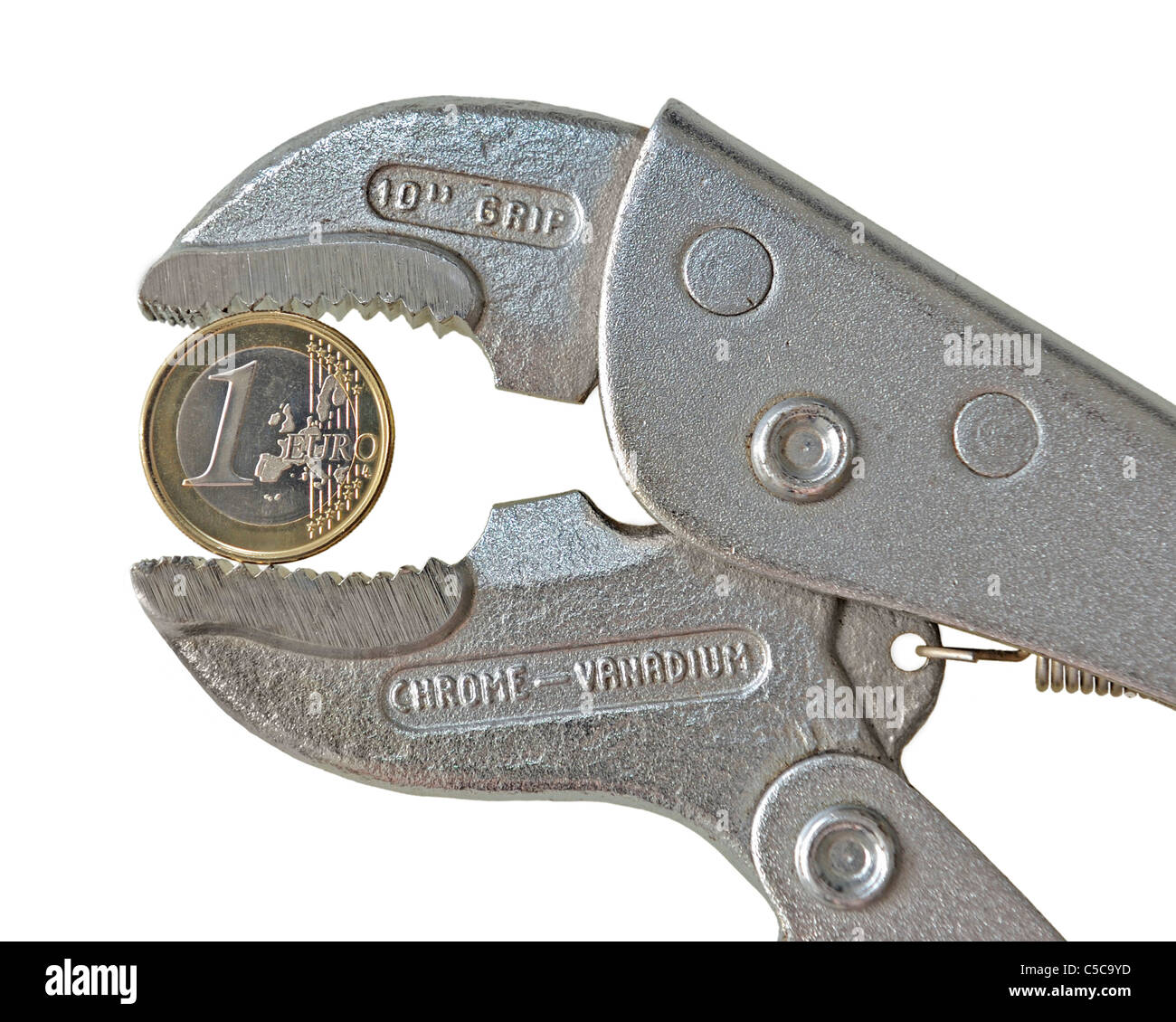 Euro Coin in Pliers Stock Photo