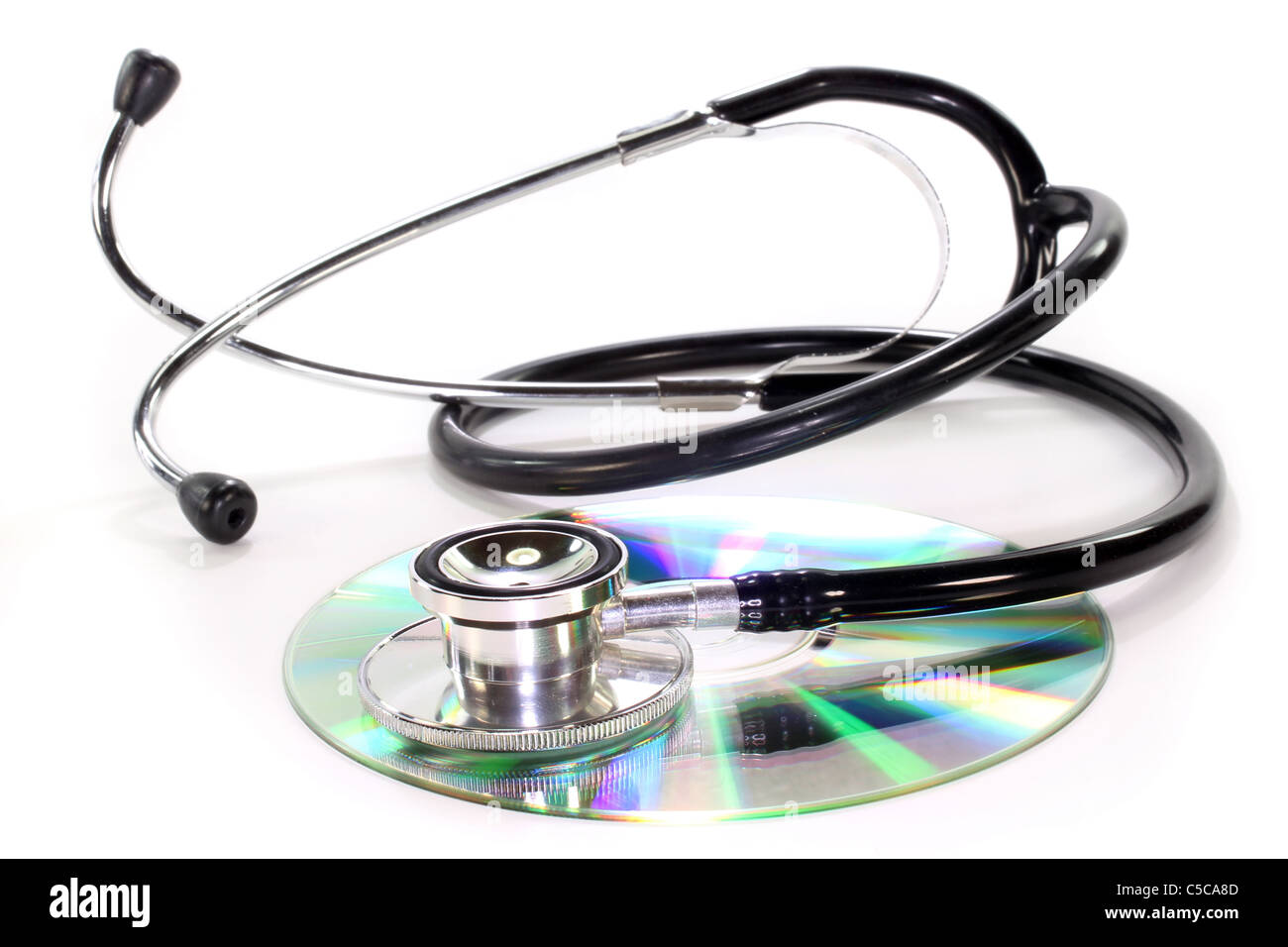 Cd and stethoscope on a white background Stock Photo