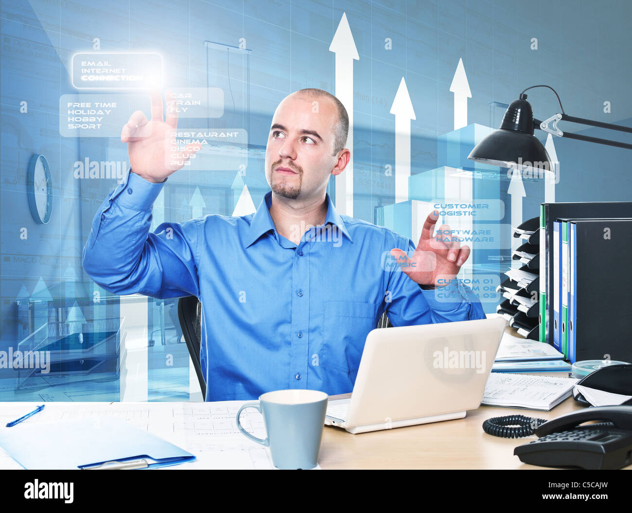 man use virtual screen in office to connect Stock Photo