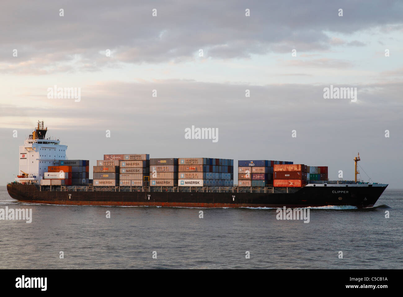 Container ship on North Sea near Cuxhaven Stock Photo