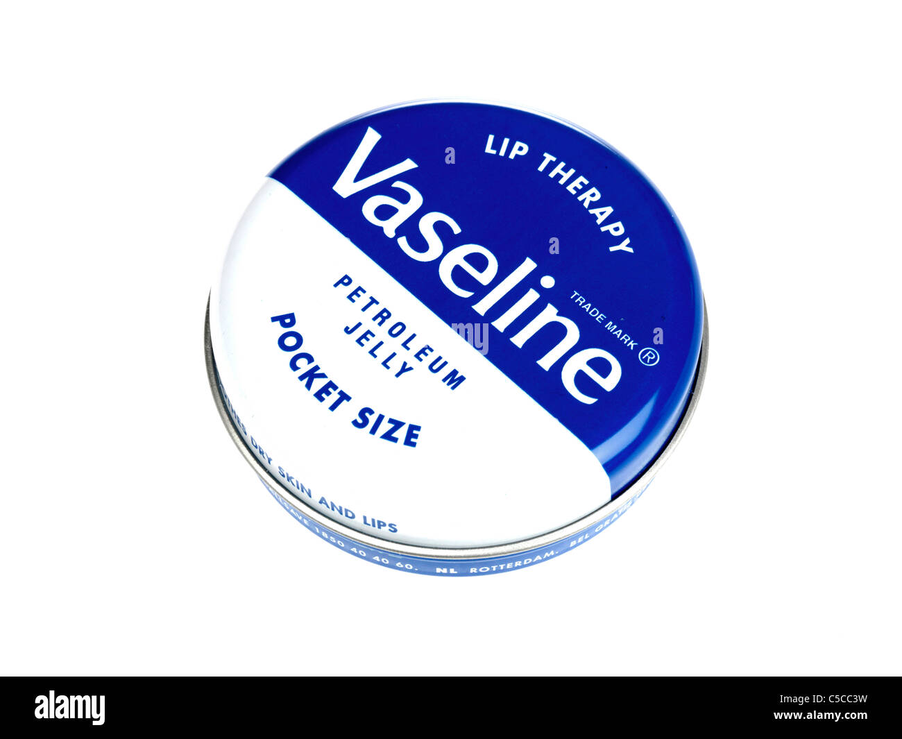 Tin Of Vaseline Petroleum Jelly Lip Balm Or Soother For Dry Lips Isolated Against A White Background With No People Stock Photo
