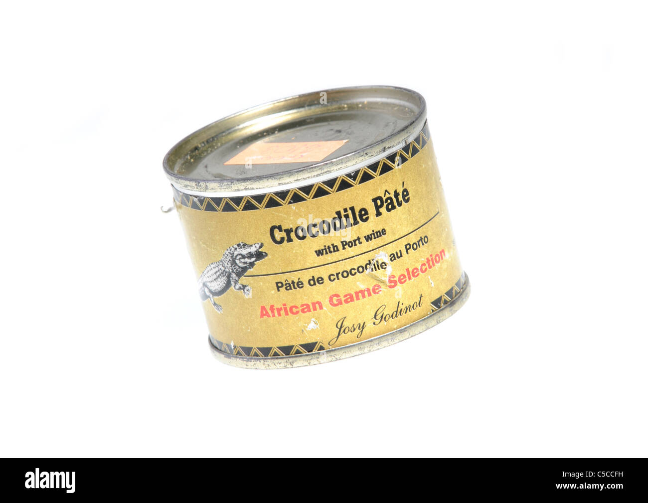illegal endangered species product from CITES list - canned Crocodile pate with Port wine Stock Photo
