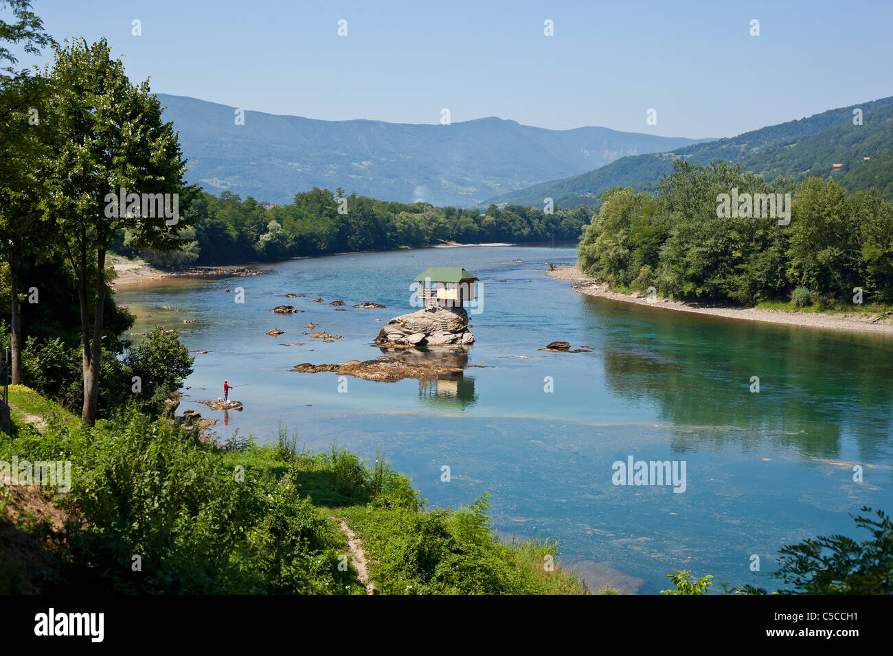 River Drina, Serbia, small house on water Stock Photo