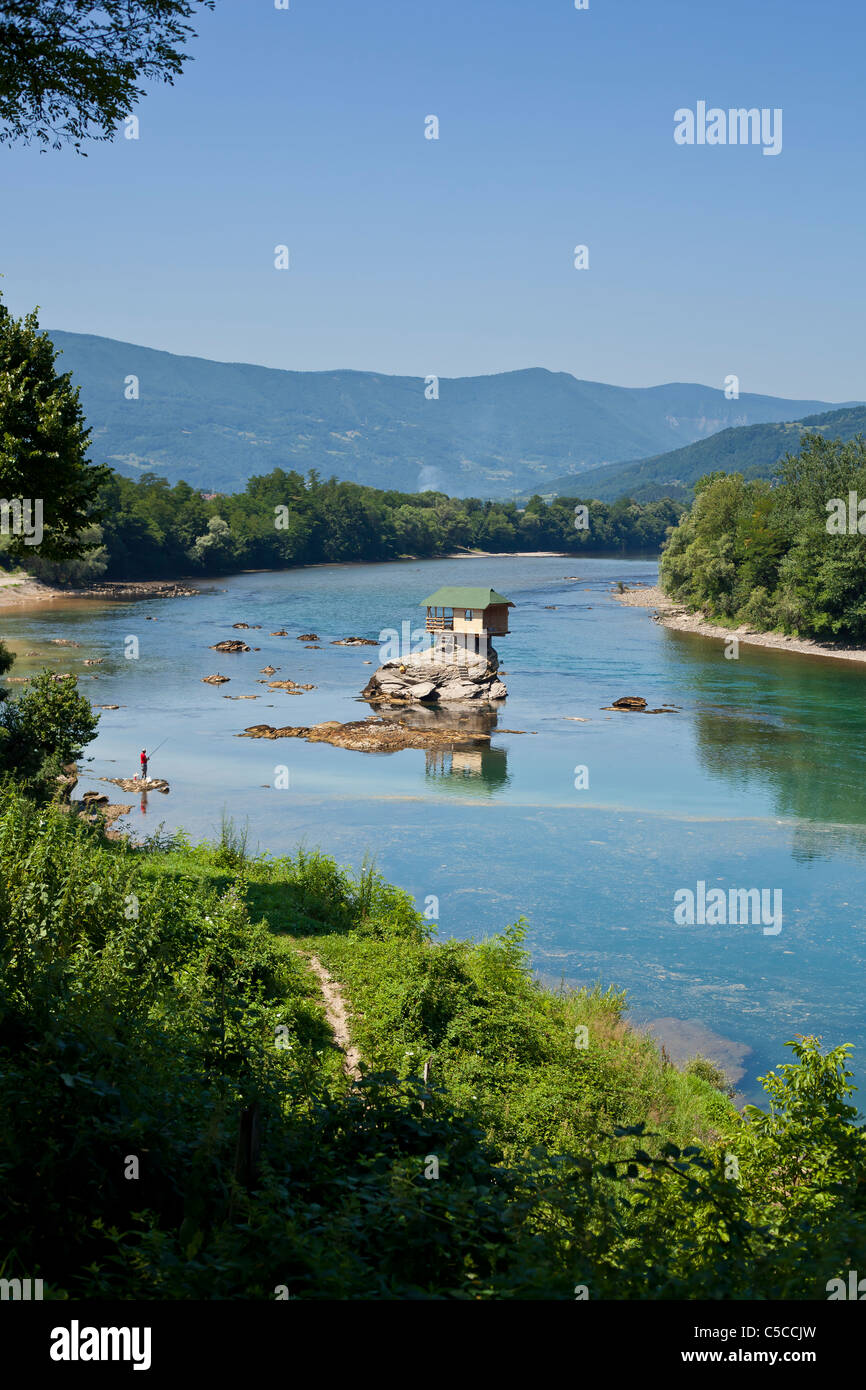 River Drina, Serbia, small wooden house on water Stock Photo