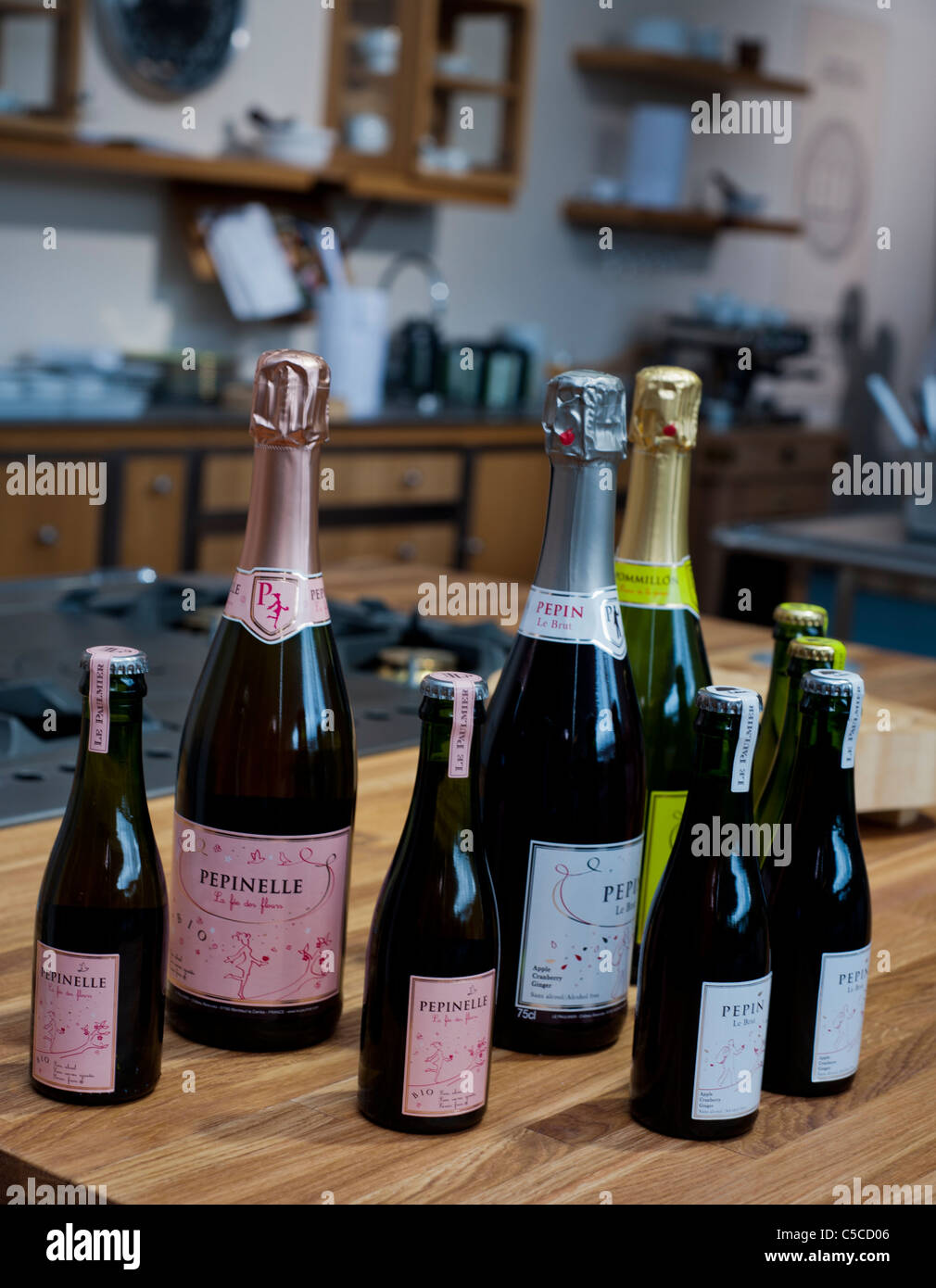 Paris, France, Close up, French Champagne Wine Bottles on Display at Trade Show, french still life Stock Photo