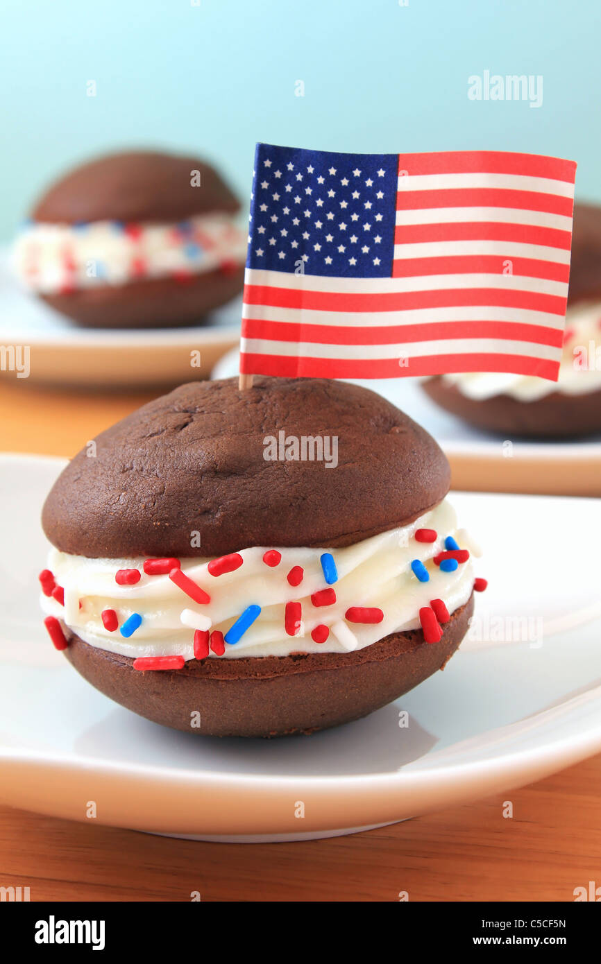 All American Whoopie Pie Dessert Decorated with a USA Flag and Red
