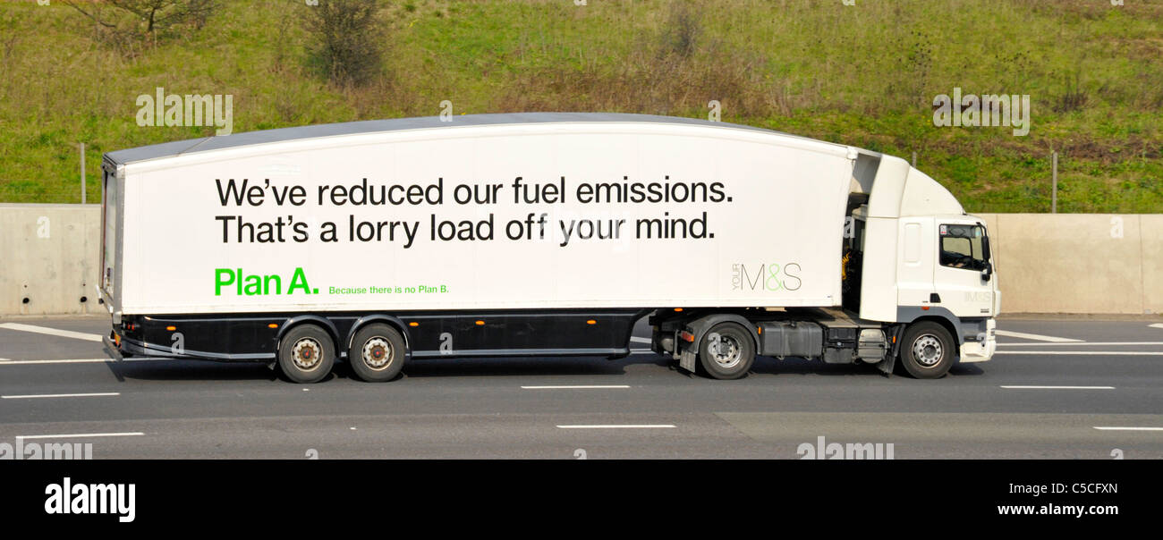 Side view of Marks & Spencer supply chain distribution lorry truck shows streamlined aerodynamic shape for reduced fuel emissions motorway England UK Stock Photo