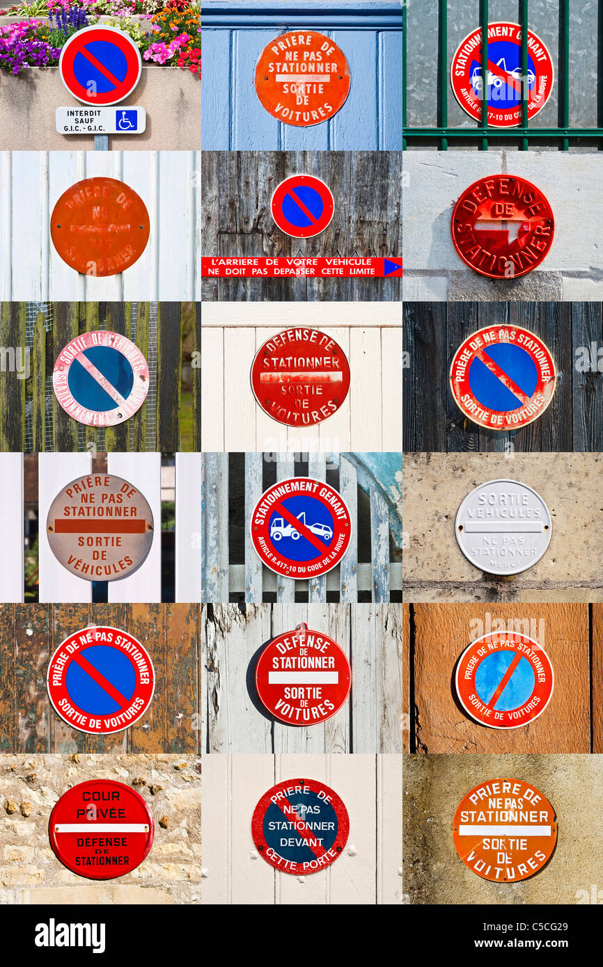 French 18 x composite / matrix of 'No waiting warning signs' - France. Stock Photo