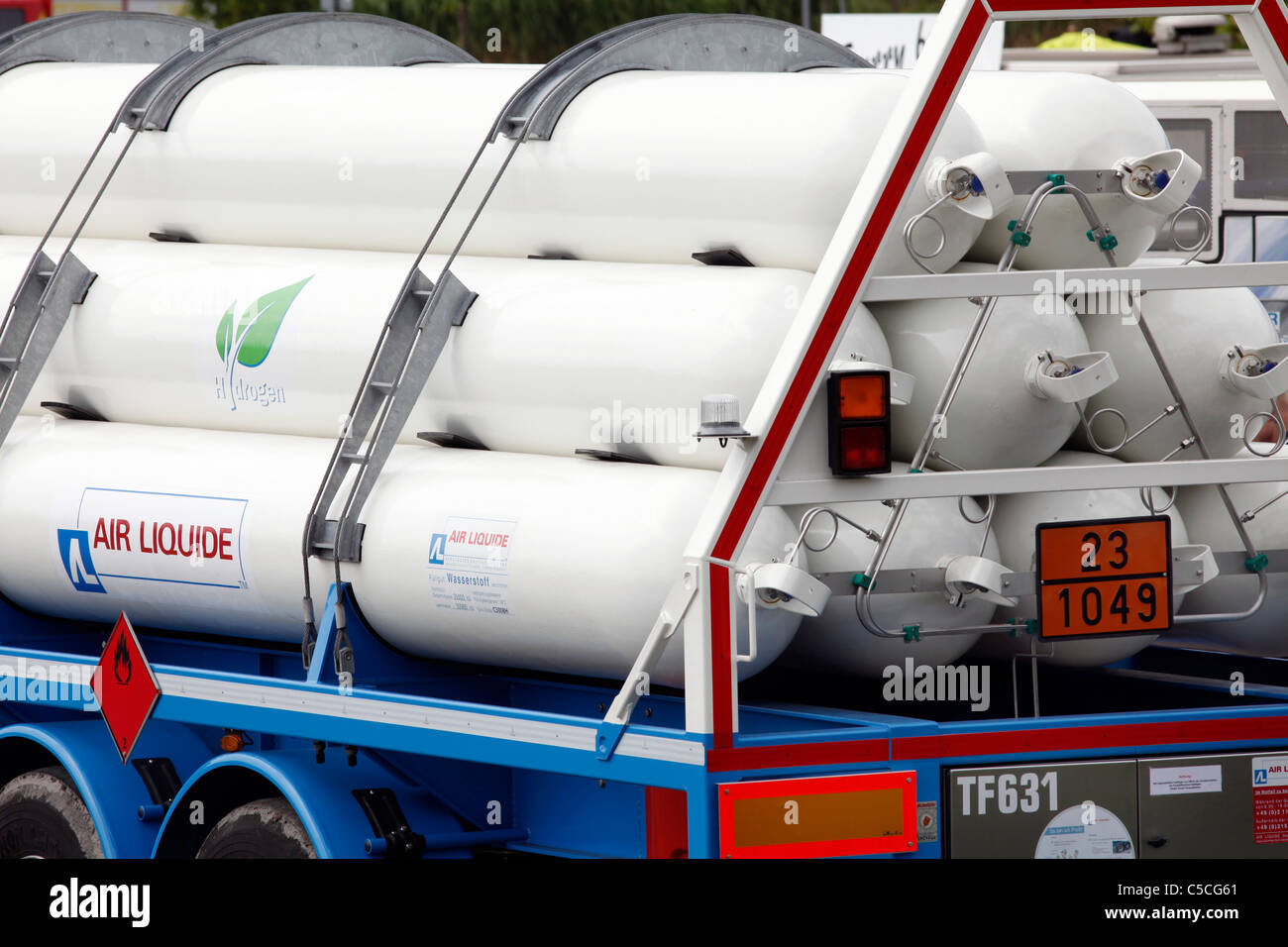 Hydrogen tanks. For fueling of hydrogen fuel cell vehicles. Mobile service station. High pressure gas bottle. Stock Photo