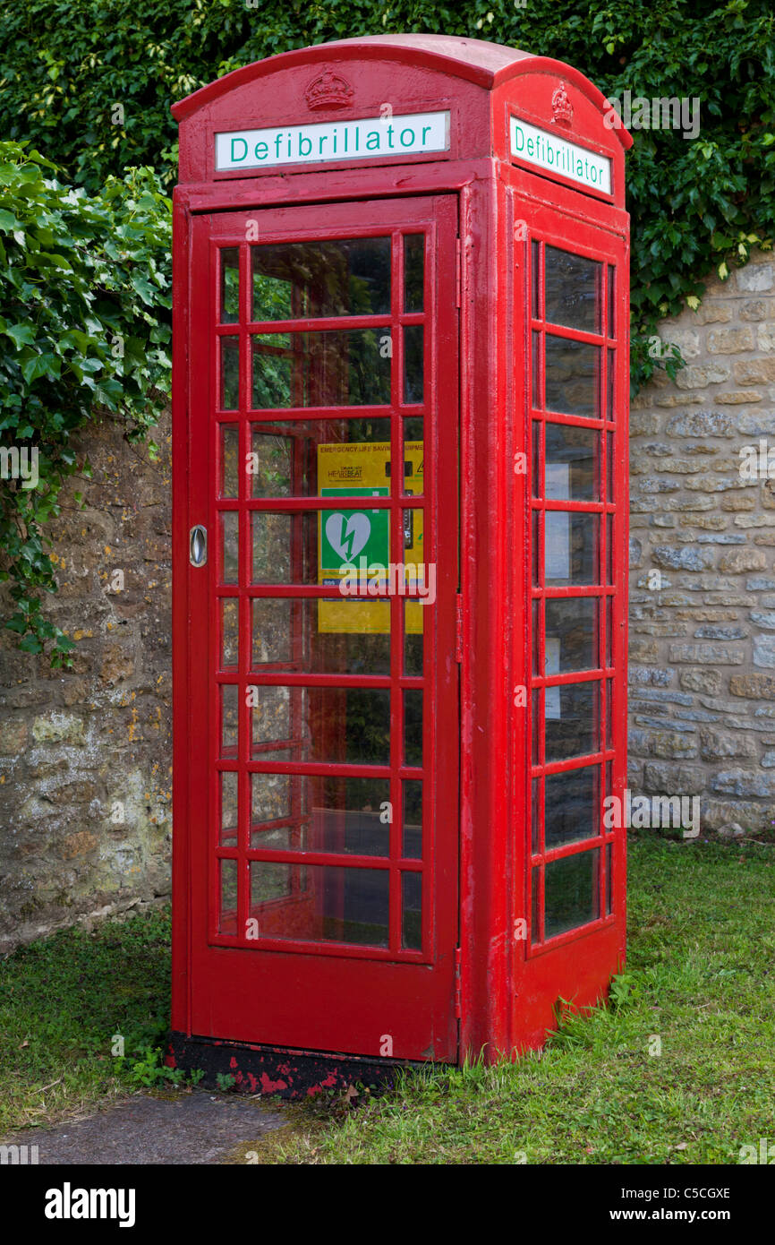 Defibrillator in a disused telephone kiosk Lower Slaughter village