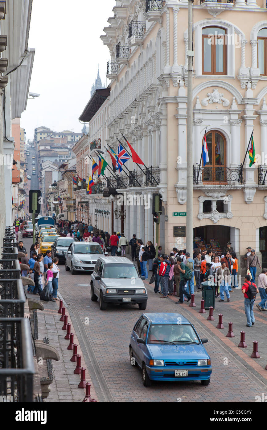 The narrow historic streets of Quito, Ecuador. Shown here is Avenida
