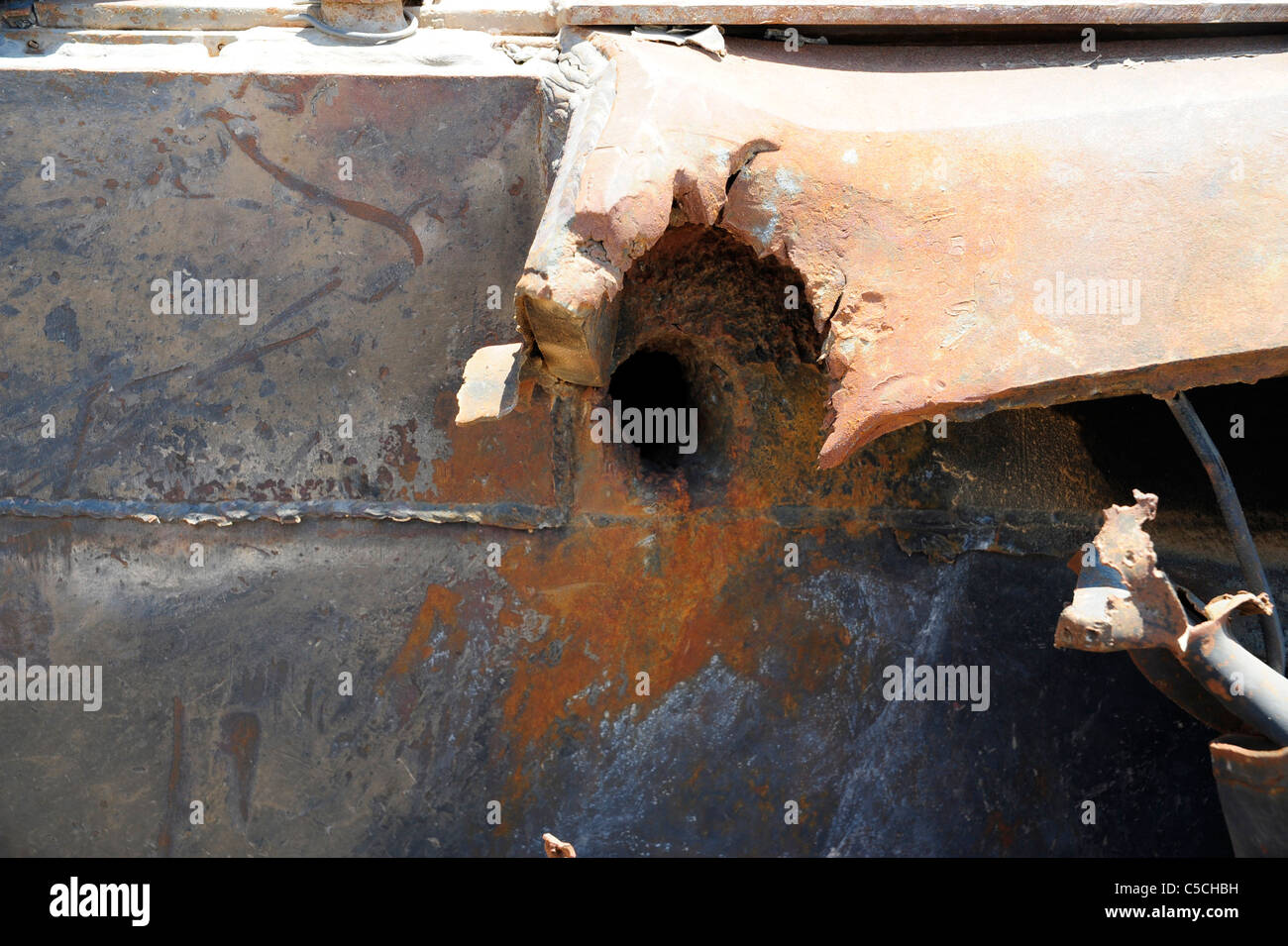 a blow up, destroyed T54  tank in the desert north of Ajadabiya Stock Photo