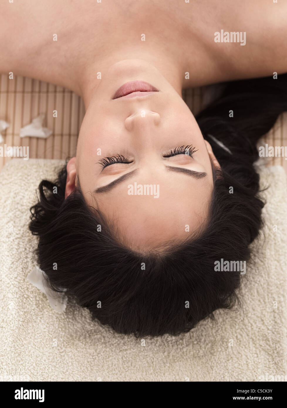 Portrait of beautiful woman while spa treatment in outdoor Stock Photo