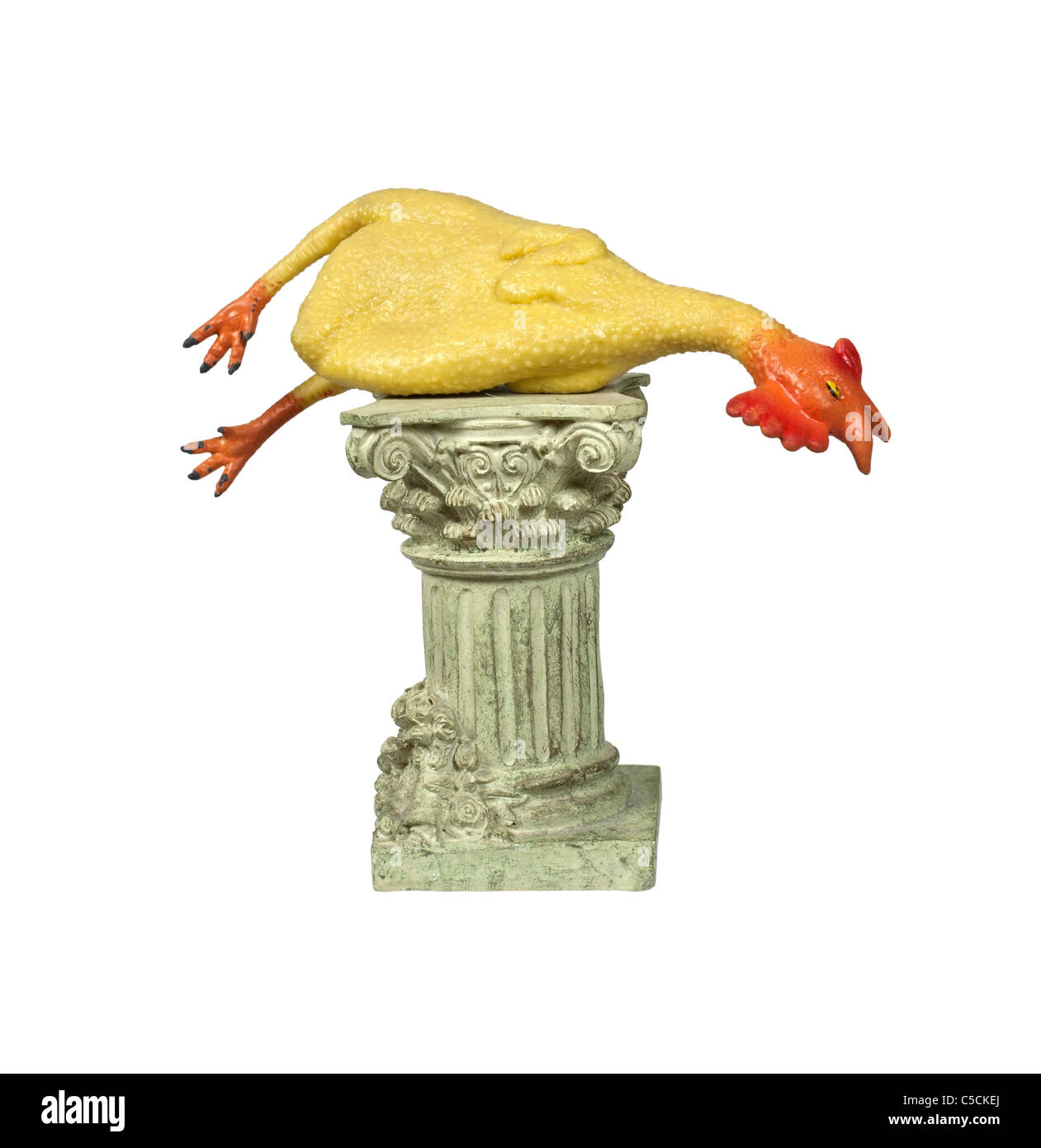Classical joke shown by a rubber chicken on a formal stone pedestal