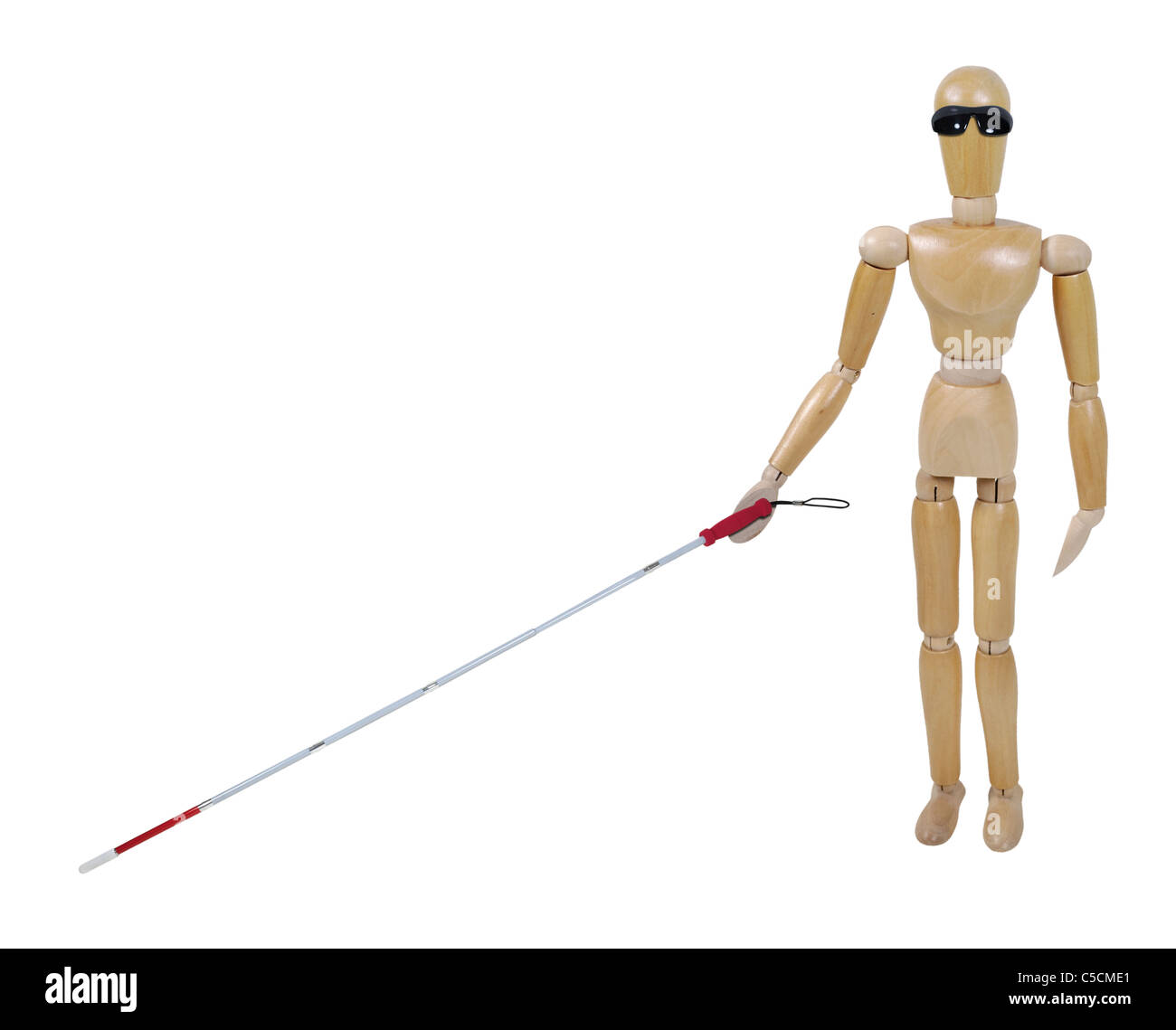 Visually challenged model with a white cane with caution stripe and blackout glasses - path included Stock Photo