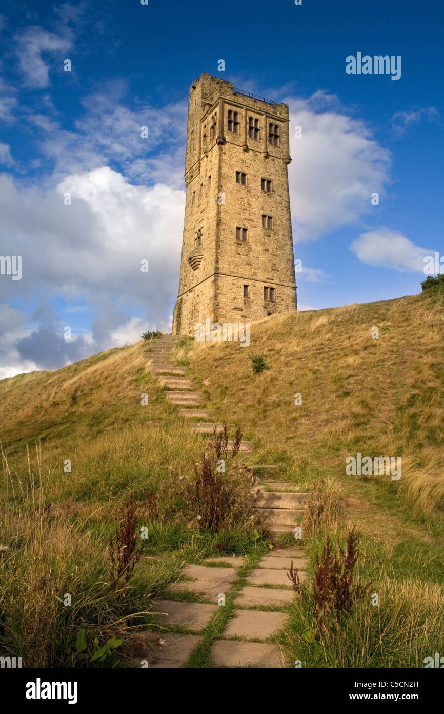 The Jubilee or Victoria Tower on Castle Hill Almondbury. The monument/folly overlooks the Town of Huddersfield West Yorkshire. Stock Photo