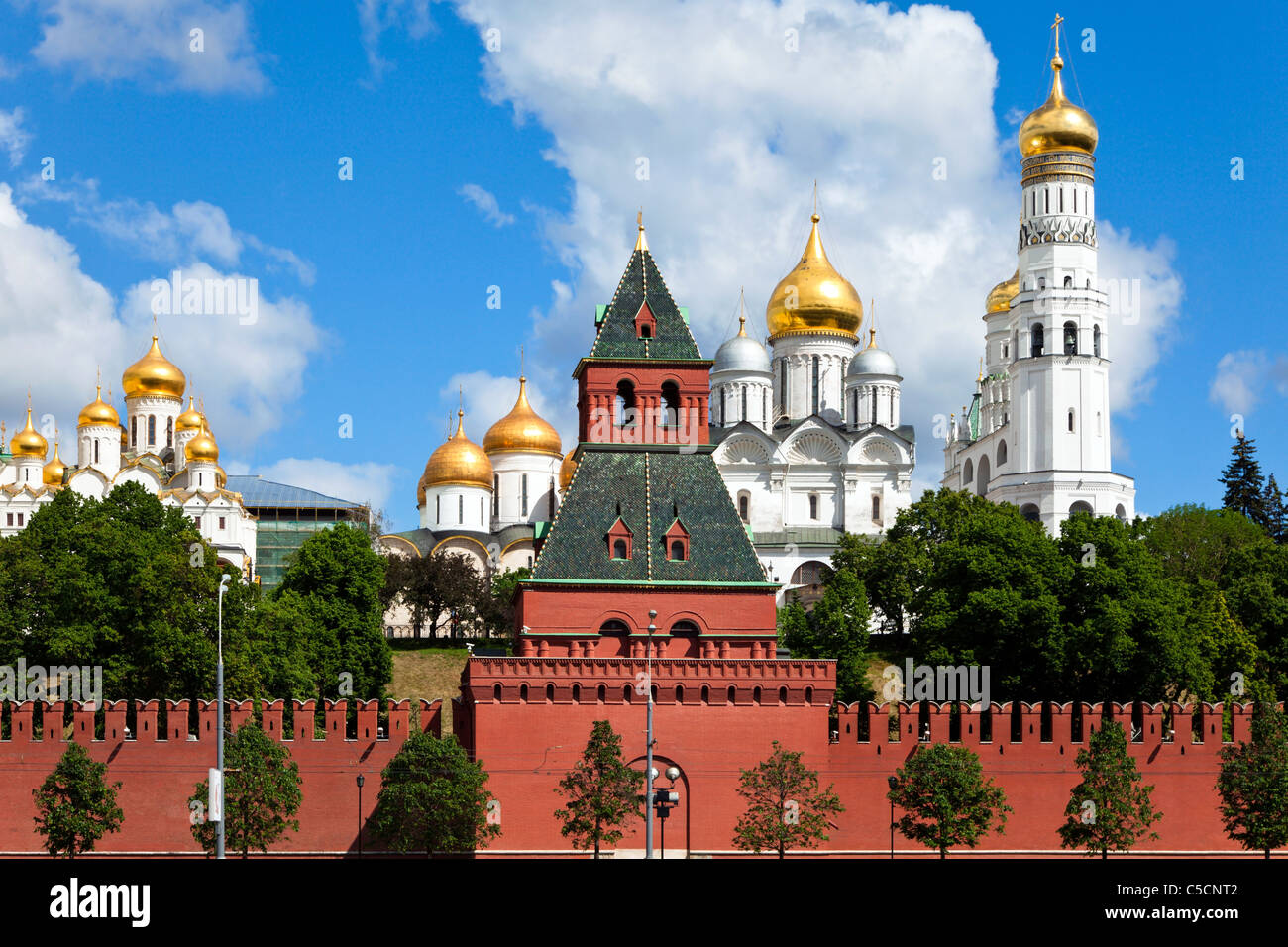 The cathedrals Moscow Kremlin: Assumption, Archangel, Annunciation and the bell tower of Ivan the Great. Russia. Stock Photo