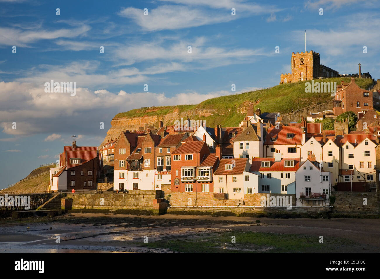 The 'Old Town' of Whitby with St Marys Church standing on the clifftops