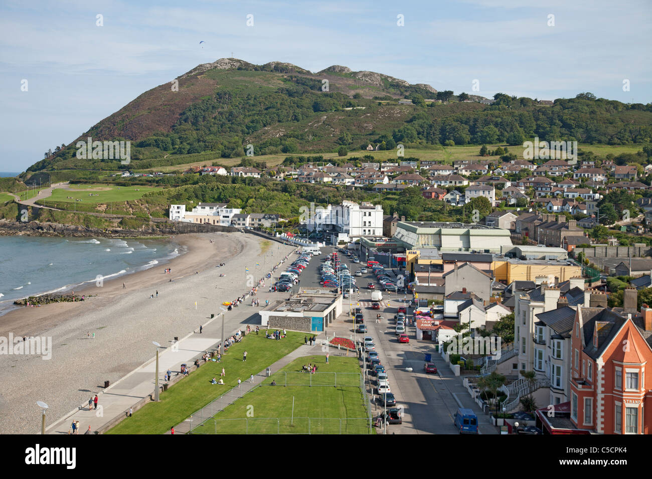 Elevated view of the south of the seaside town of Bray, Co Wicklow, looking towards Bray Head Stock Photo