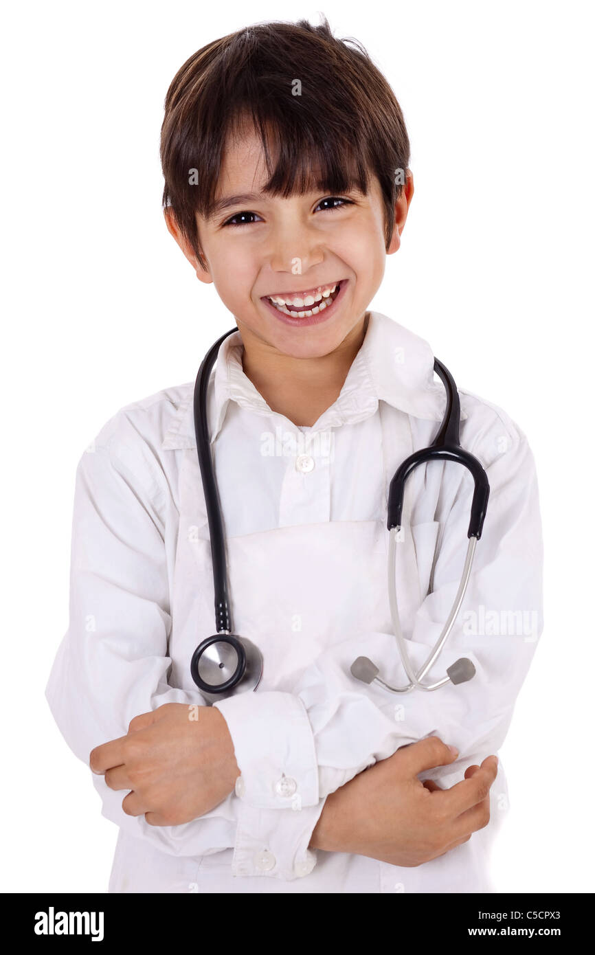 Little young boy doctor over isolated white background Stock Photo
