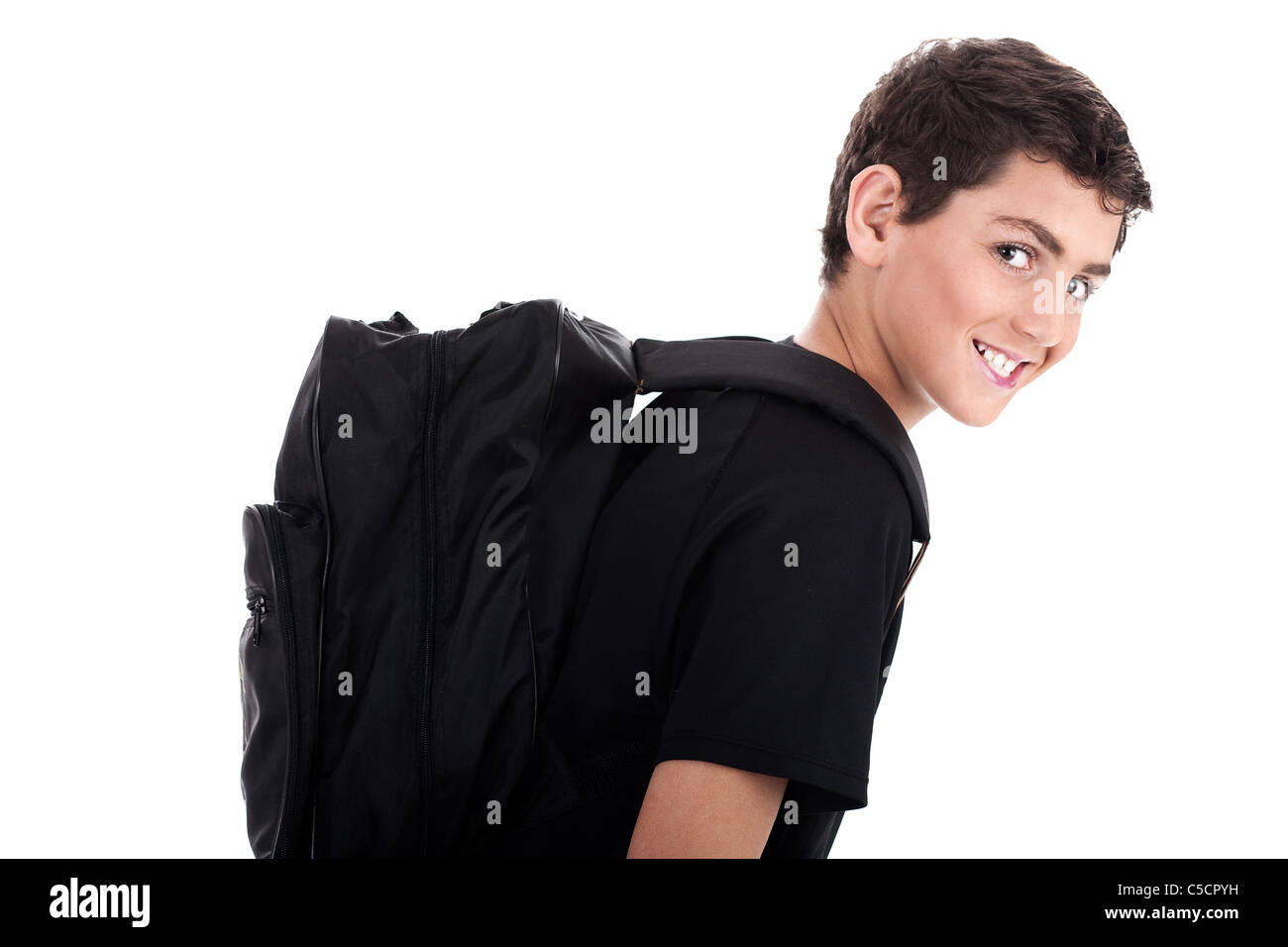 Side pose of student with school bag on isolated background Stock Photo