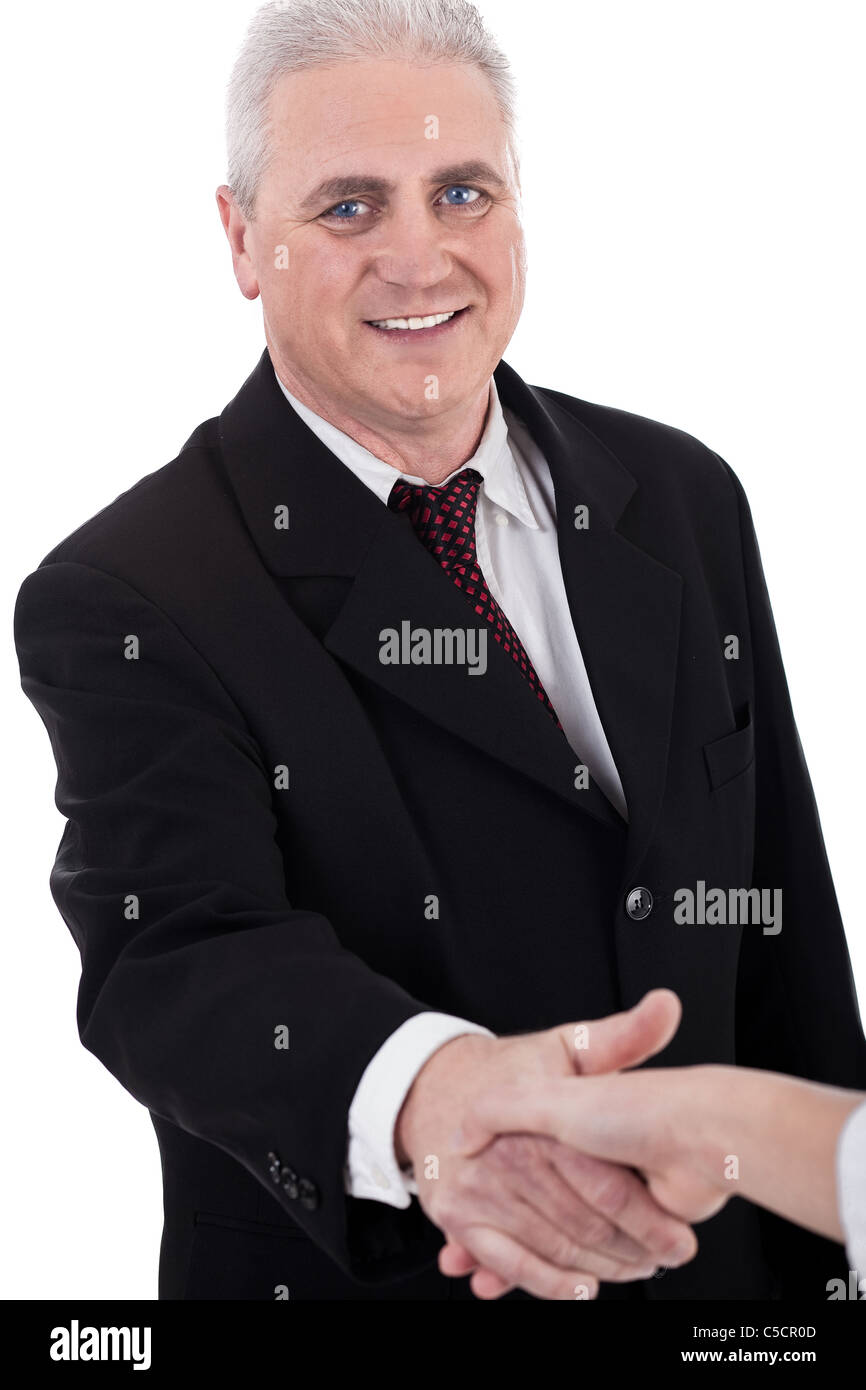 Senior business man welcomes his client on white background Stock Photo