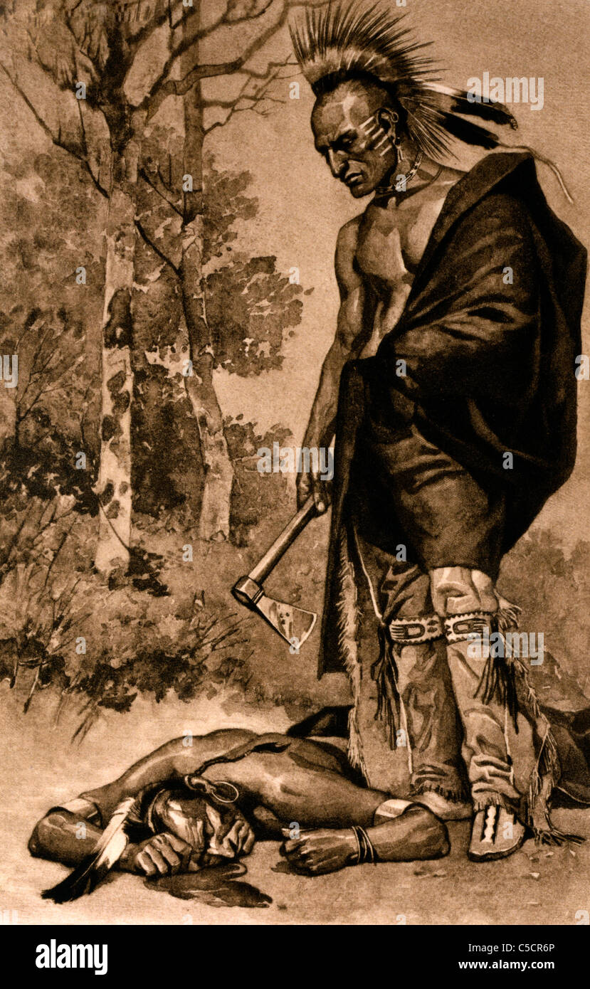 The death of Pontiac, 1769 - Ottawa Chief Pontiac lying on ground; Indian with tomahawk standing over him. Stock Photo