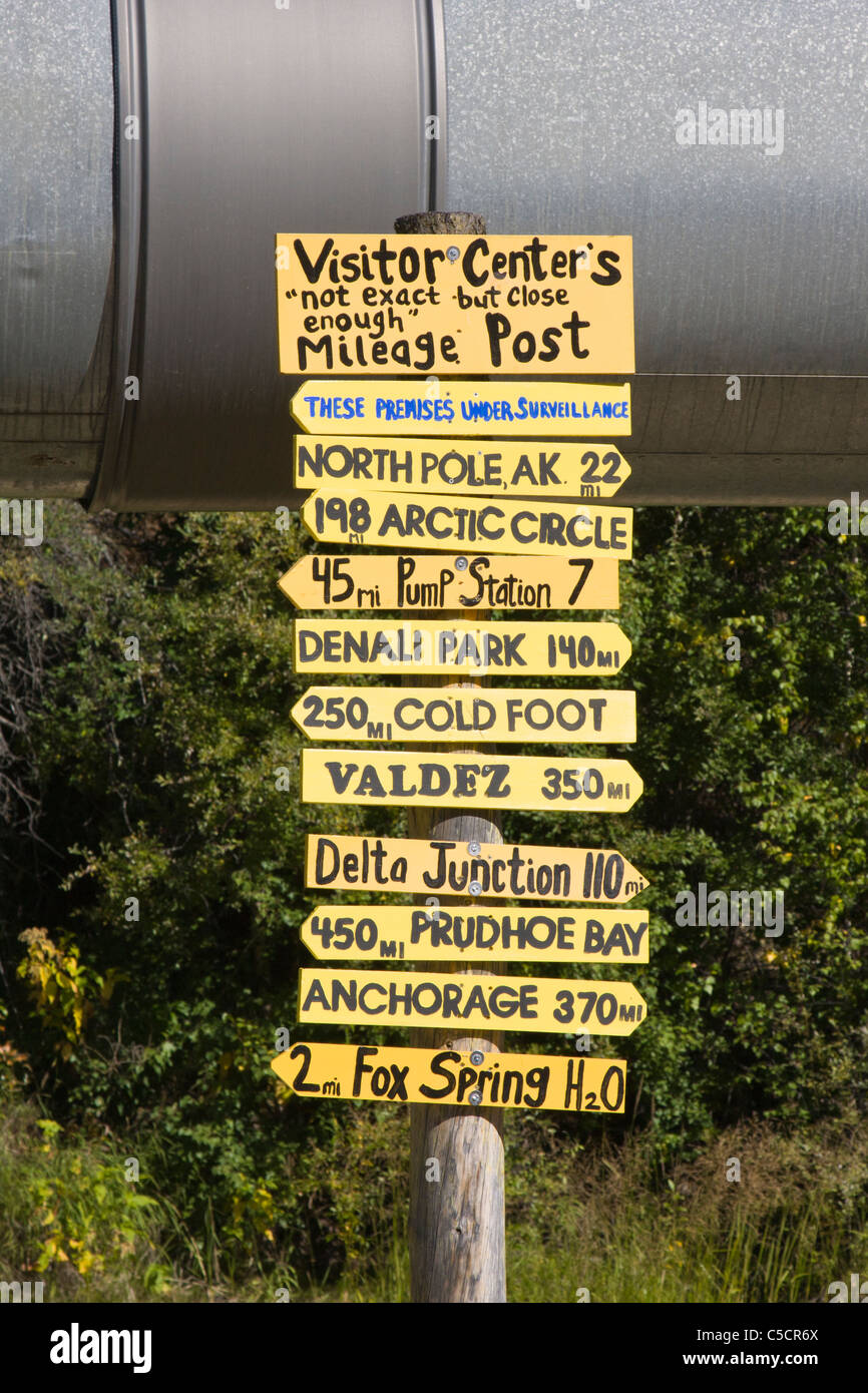Directions and distances humorous sign on Alaska Pipeline Stock Photo ...