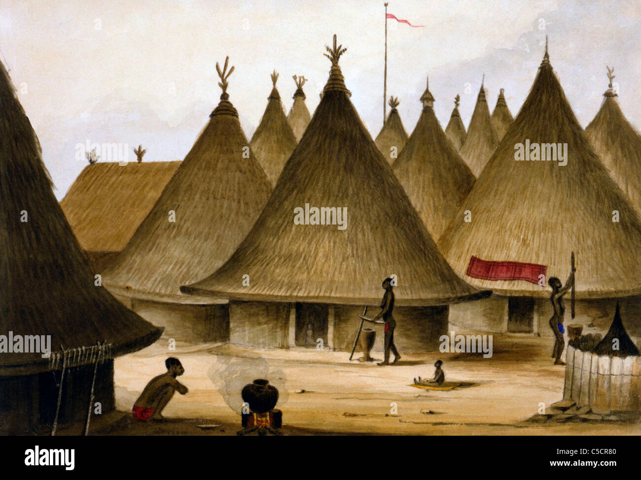 Native village - View of village showing traditional dwellings, circa 1880 Stock Photo
