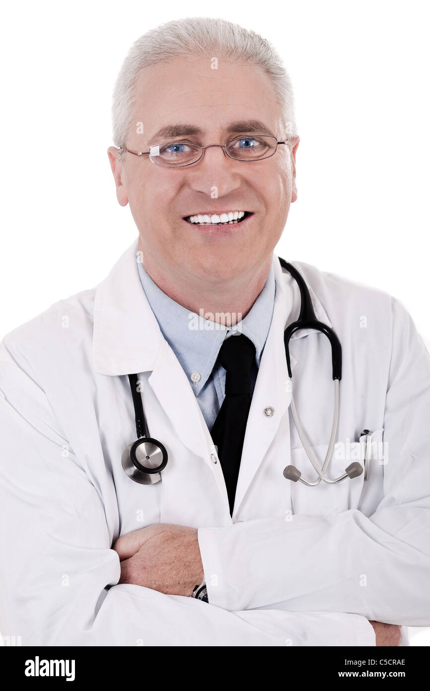 Closeup of happy male doctor smiling on white background Stock Photo