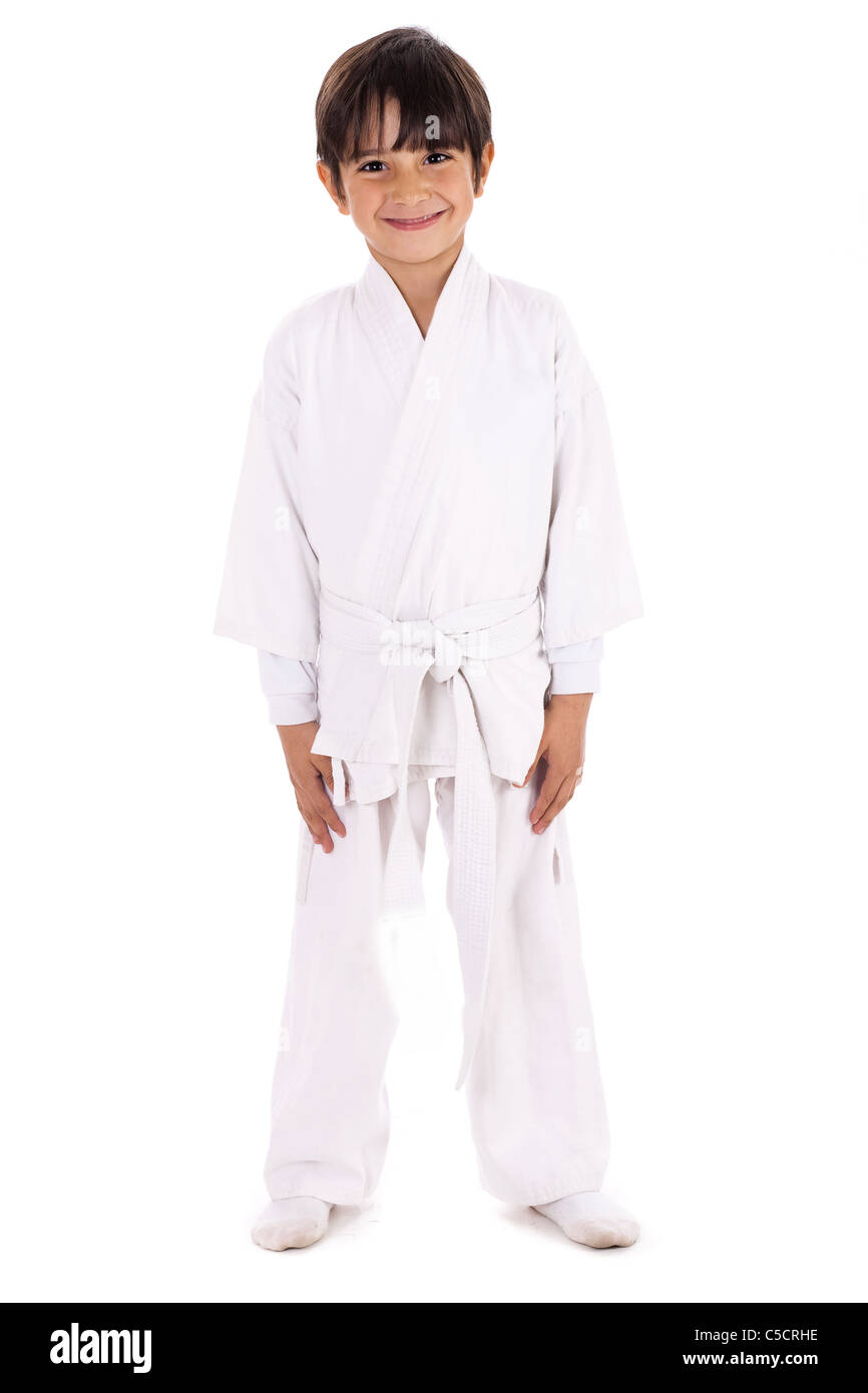 Karate kid in uniform on white isolated background Stock Photo