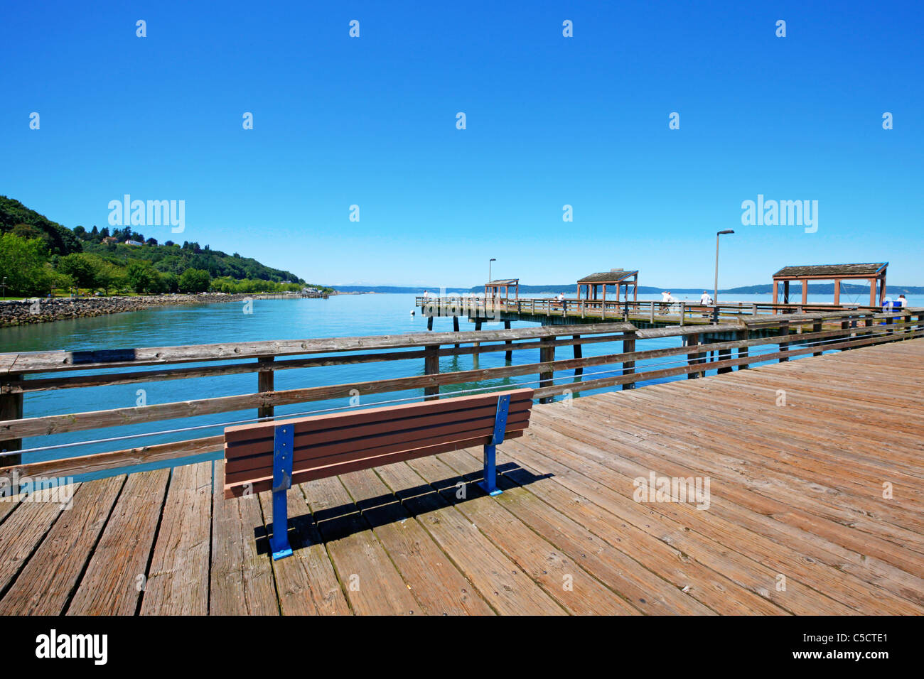 Ruston Beach Tacoma, WA Ruston Way waterfront with pier and Mt.Rainier during summer ...