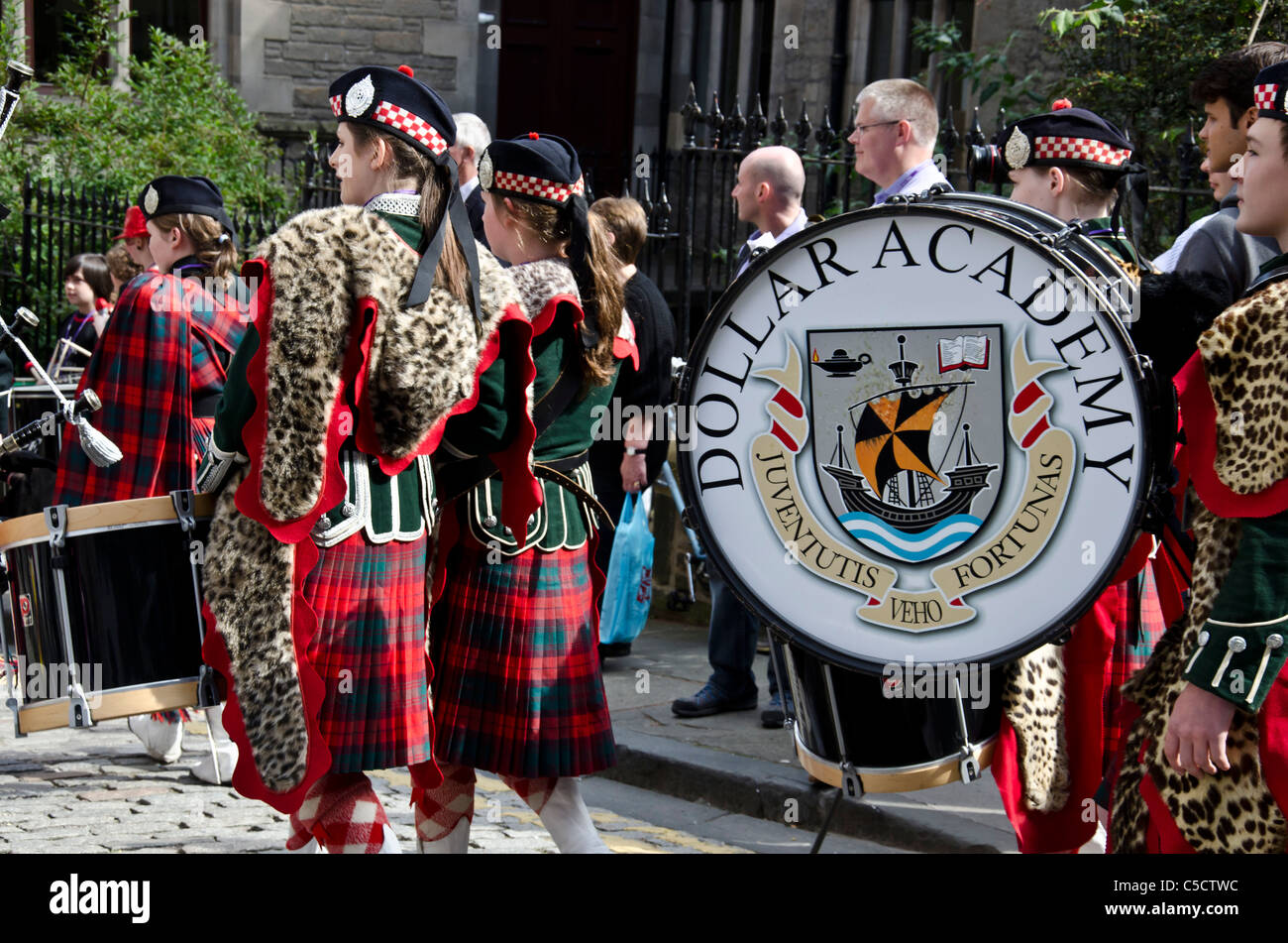 Pipe band waiting prior to a parade down Edinburgh's Royal Mile Stock