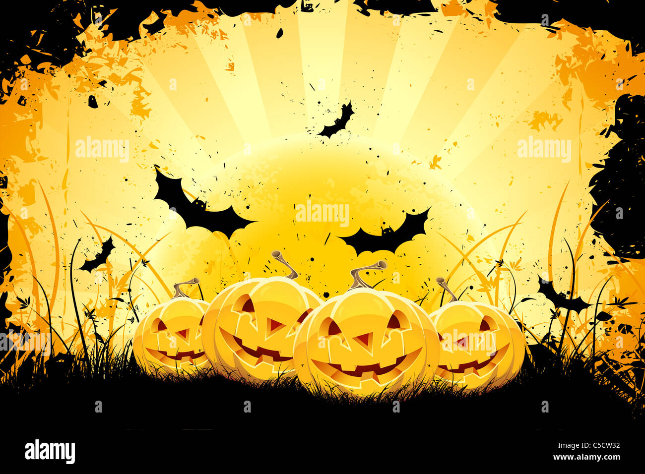 Grungy Halloween background with pumpkins bats and full moon Stock ...