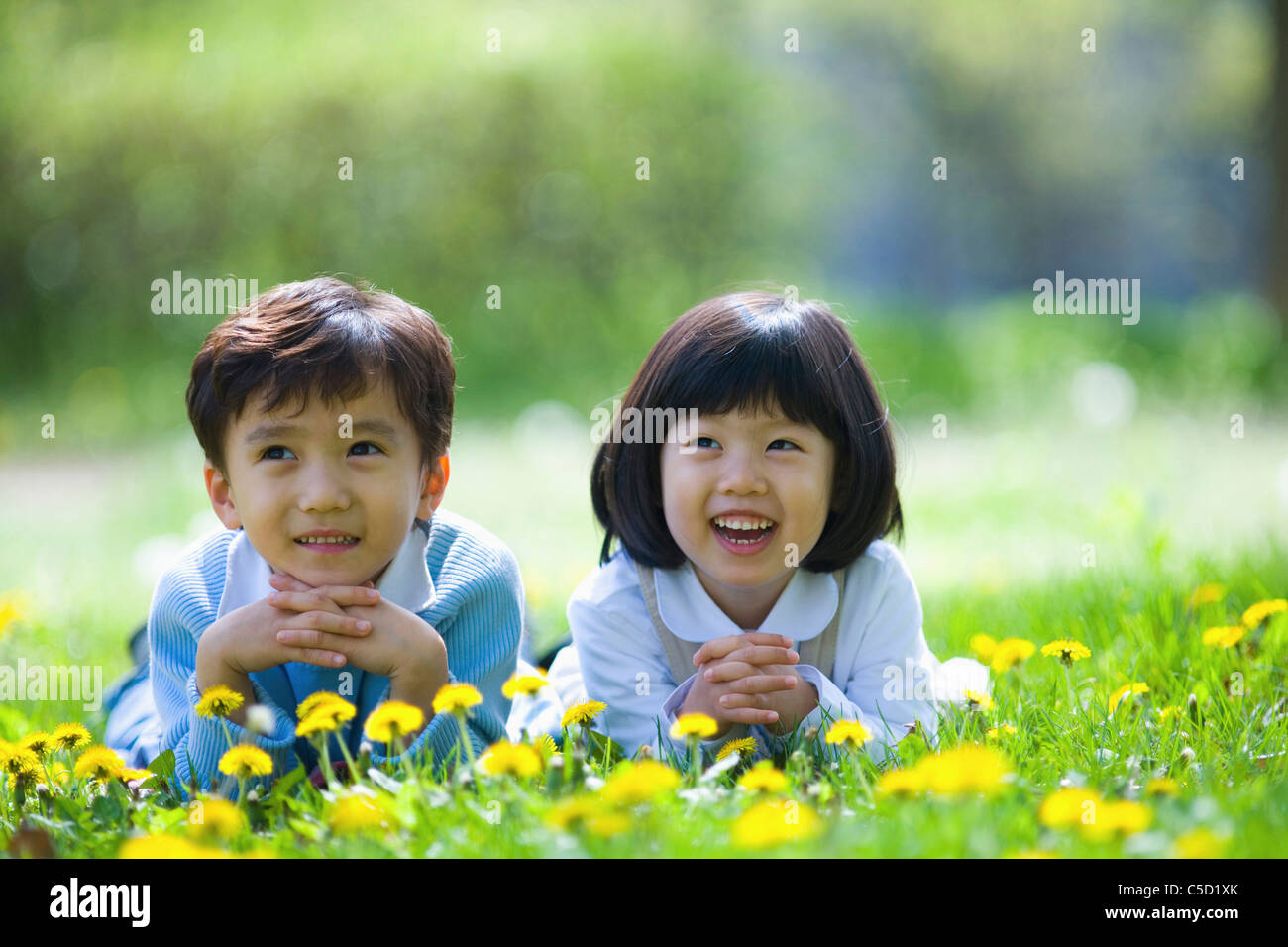 girl and boy lay their face downward on lawns Stock Photo Alamy