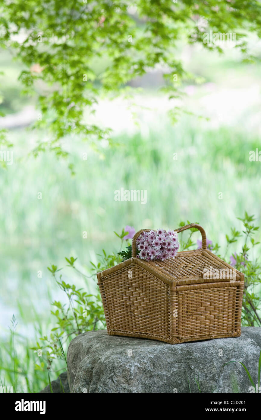 flowers on the picnic basket Stock Photo Alamy