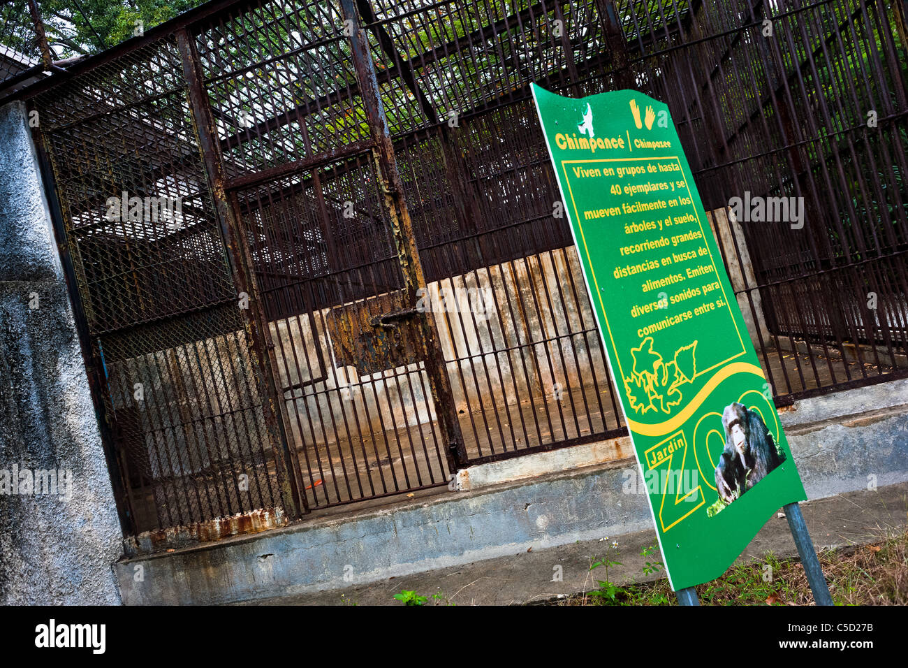 An empty concrete cage with rusted bars in the monkey area of the